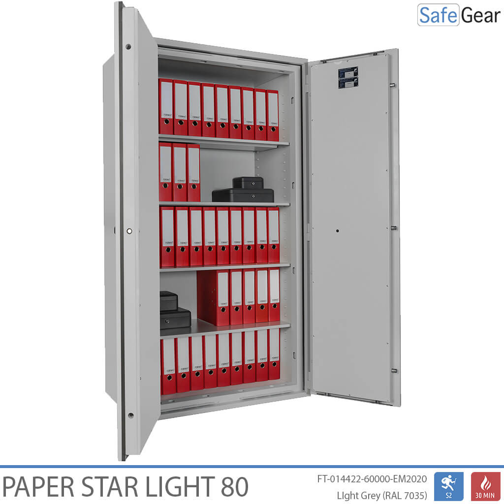 Paper Star Light 80 dokumentumszéf – 55 irattartó – betörésvizsgálat: S2 / tűzállósági vizsgálat: 30 perc