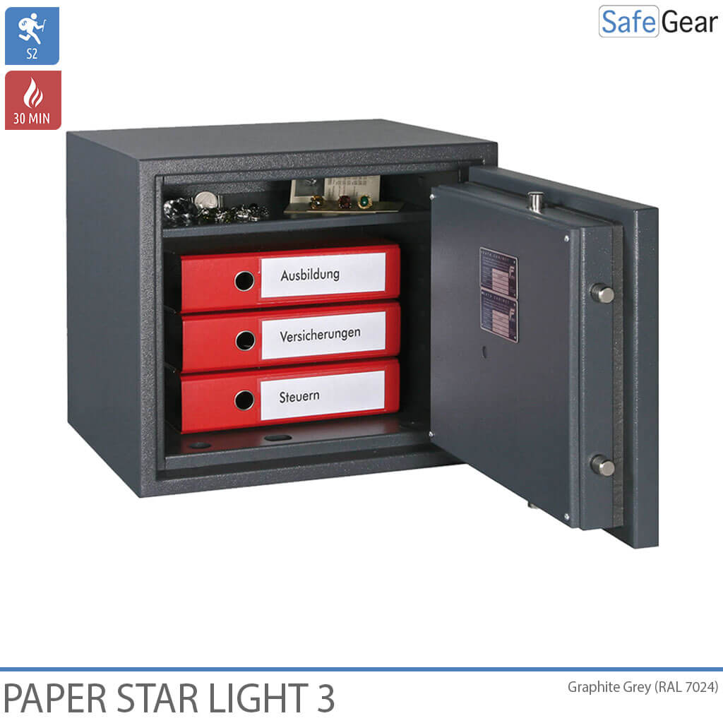 Paper Star Light 3 tűzálló széf – 5 irattartó – S2 betörésállósági vizsgálati fokozat / 30 perces tűzállósági vizsgálat