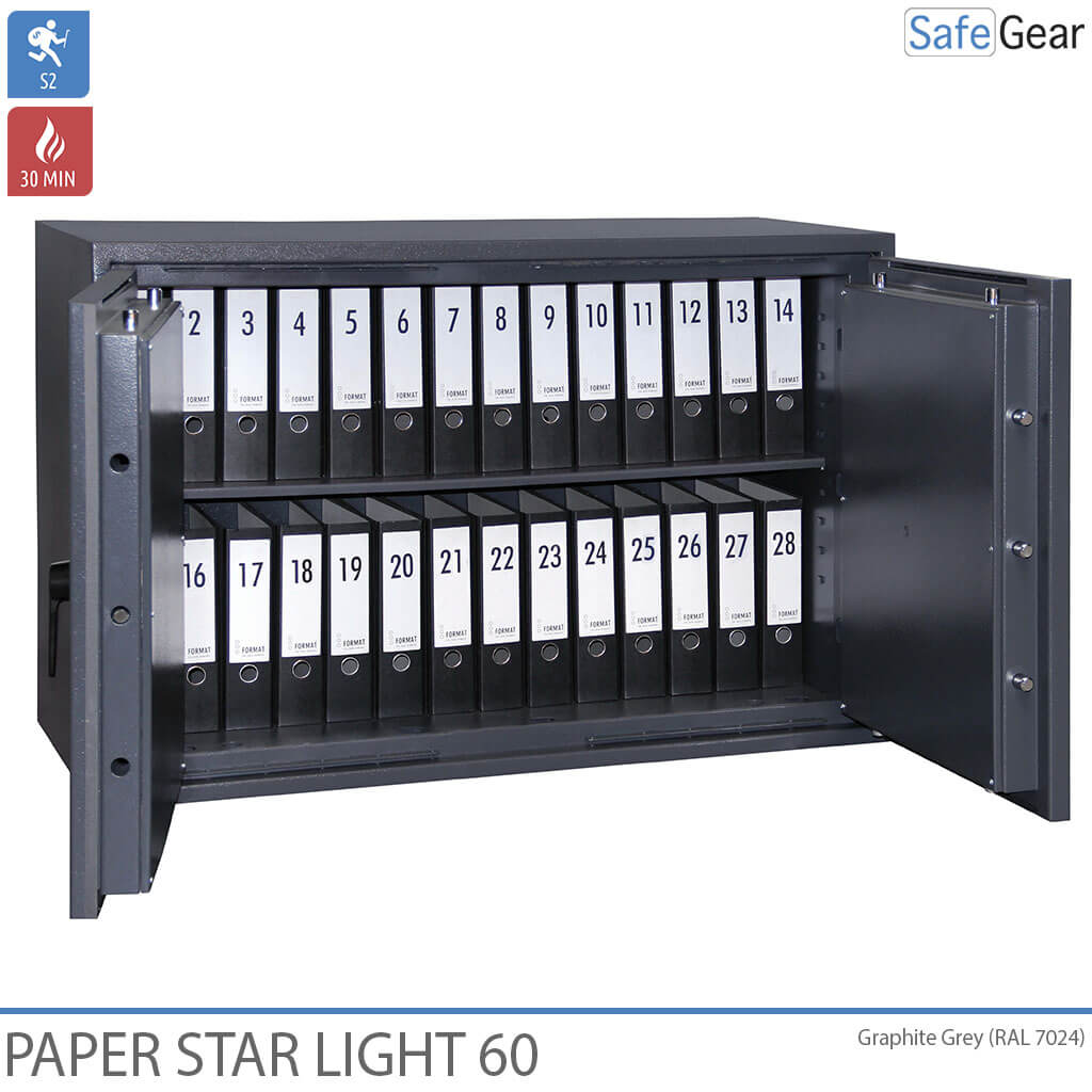 Paper Star Light 60 dokumentumszéf – 28 iratrendező – S2 betörésvédelmi teszt / 30 perces tűzállósági teszt